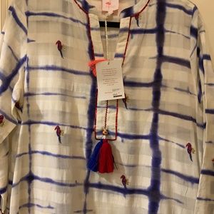 Caftan size large multi color blue white red decorated with parrots